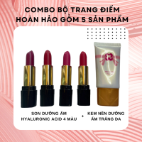 Combo bộ trang điểm hoàn hảo gồm 5 sản phẩm (4 Son Dưỡng Ẩm Hyaluronic Acid + 1 Kem Nền Dưỡng Ẩm Trắng Da)