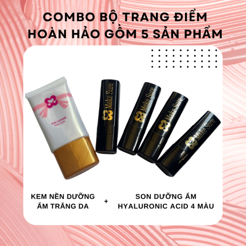 Combo bộ trang điểm hoàn hảo gồm 5 sản phẩm (4 Son Dưỡng Ẩm Hyaluronic Acid + 1 Kem Nền Dưỡng Ẩm Trắng Da)